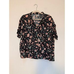 Vans Womens Floral Viscose Short Sleeve Button-up Shirt Blouse Black Pink XL